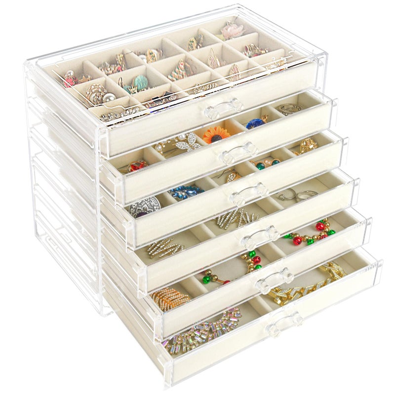 Watpot Acrylic Jewelry Box with 6 Drawers, Clear Earring Storage Organizer Display Case for Women Girls, Beige - Image 1