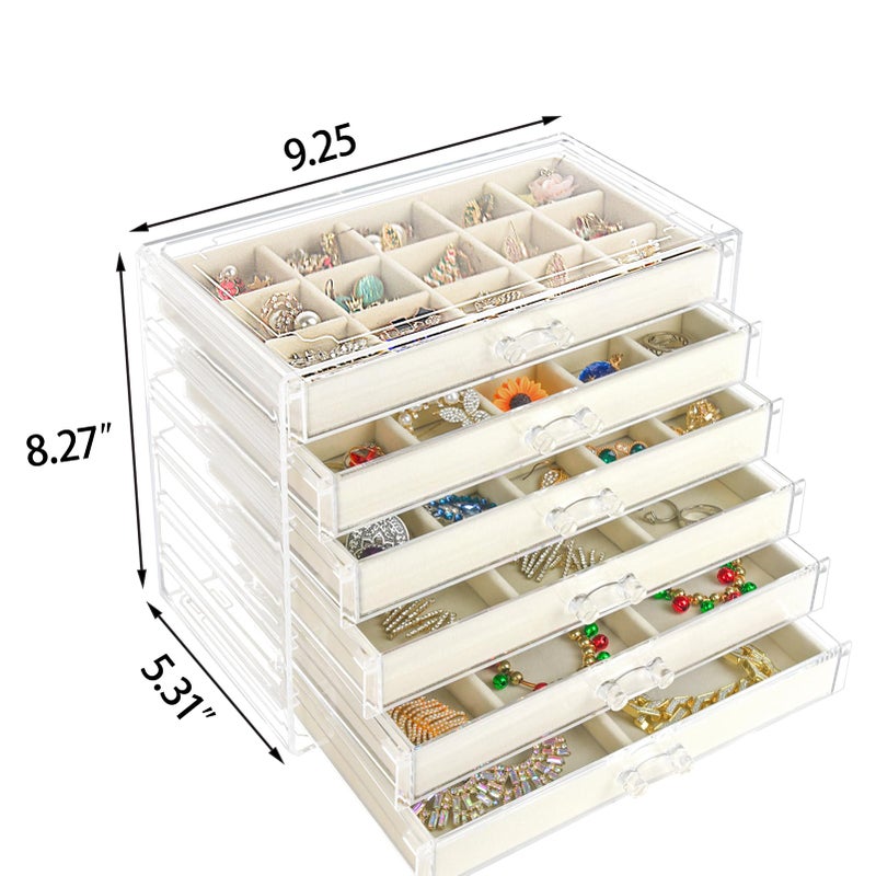 Watpot Acrylic Jewelry Box with 6 Drawers, Clear Earring Storage Organizer Display Case for Women Girls, Beige - Image 2