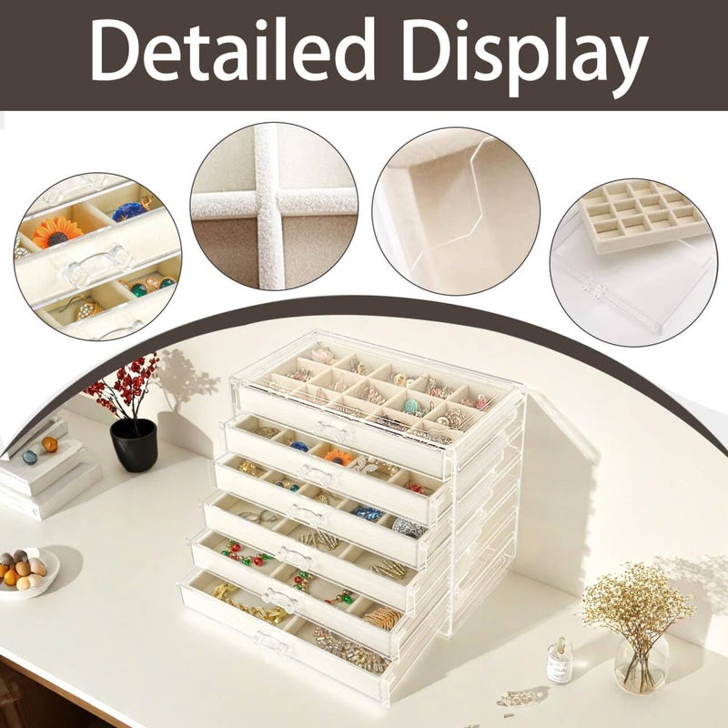 Watpot Acrylic Jewelry Box with 6 Drawers, Clear Earring Storage Organizer Display Case for Women Girls, Beige - Image 3