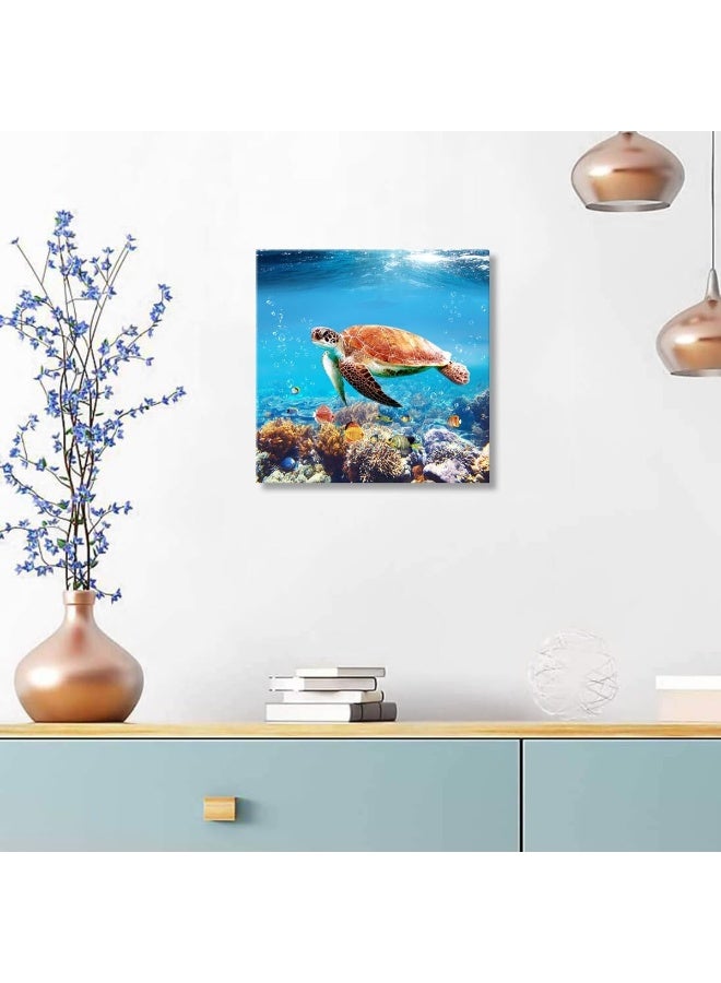 Woxfcart Cute Turtle Picture Decor Wall Art Aquatic Animal Nature Landscape Print on Canvas for Bathroom Kids Room Decorations 12"x12" - Image 2