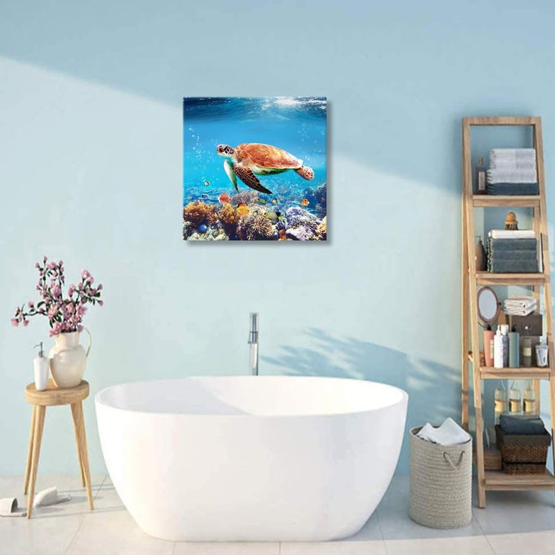Woxfcart Cute Turtle Picture Decor Wall Art Aquatic Animal Nature Landscape Print on Canvas for Bathroom Kids Room Decorations 12"x12" - Image 3