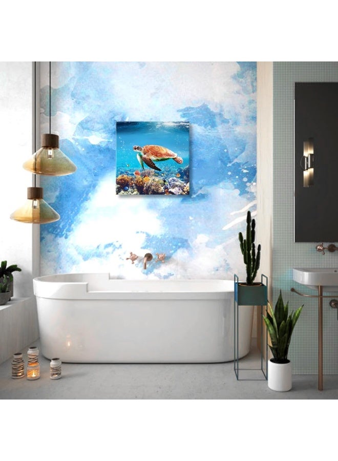 Woxfcart Cute Turtle Picture Decor Wall Art Aquatic Animal Nature Landscape Print on Canvas for Bathroom Kids Room Decorations 12"x12" - Image 4