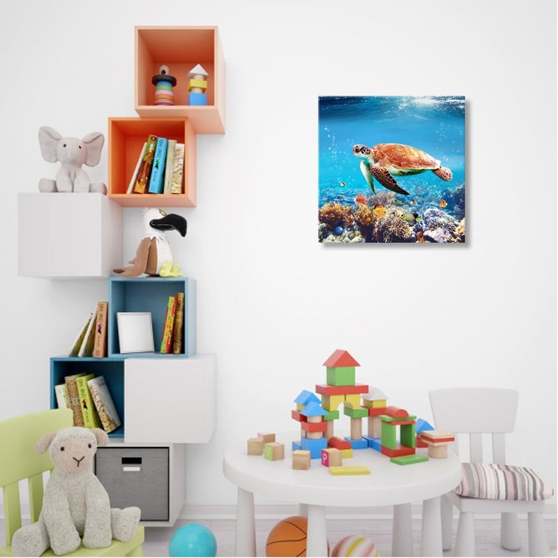 Woxfcart Cute Turtle Picture Decor Wall Art Aquatic Animal Nature Landscape Print on Canvas for Bathroom Kids Room Decorations 12"x12" - Image 5