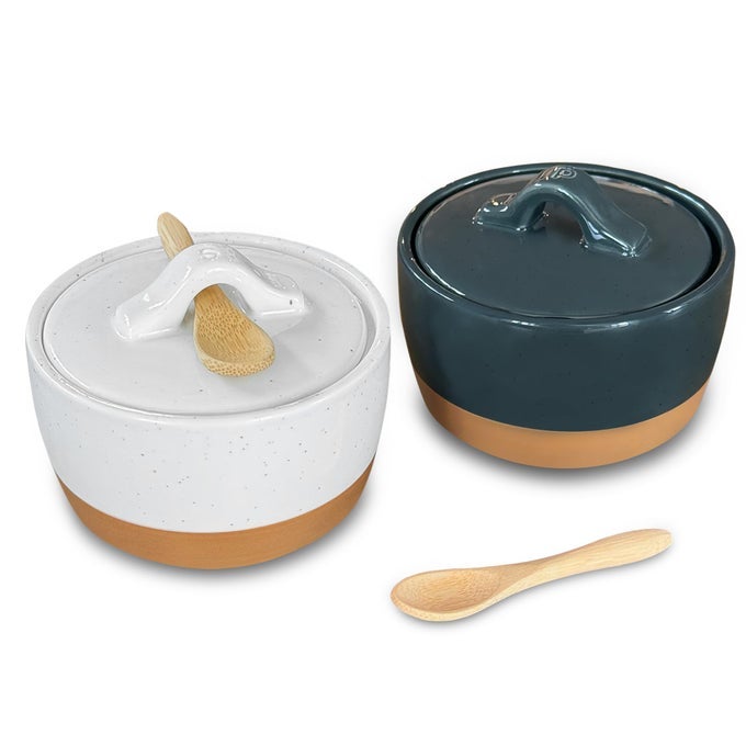 CERAMIC SALT AND PEPPER CELLAR SET WITH LID 10 OZ MODERN CANISTERCONTAINERBOWL FOR STORAGE SEA SALT SPICE SUGAR COUNTERTOP SMALL DISHJAR WITH WOOD SPOON BLACK WHITE CROCK