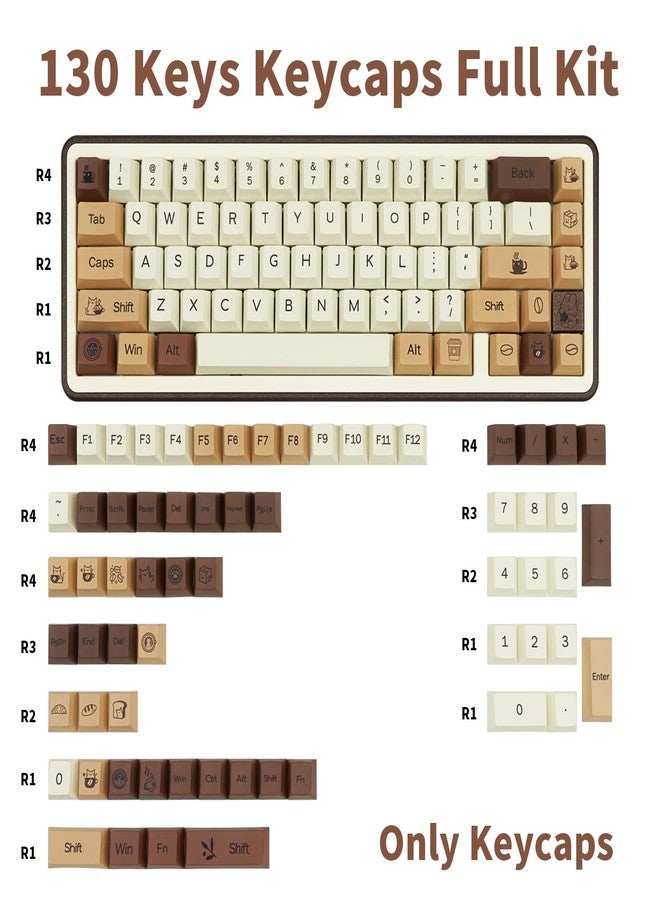 COOMICKEY Brown PBT Keycaps, Coffee Cat Cute Keycaps, Cherry Profile Key caps 60 65 75 100 Percent, Dye-Sublimation Custom 130 Keys Set for 100%, 75%, 65%, 60% Cherry Gateron MX Switches Keyboards - Image 2