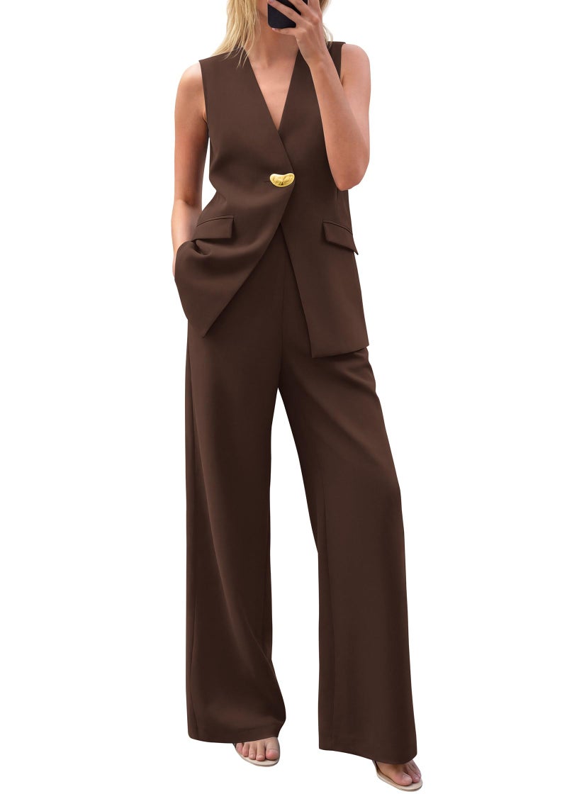 KIRUNDO Pant Suits for Women Dressy 2 Piece Sets Sleeveless Blazer Vest Wide Leg Matching Pantsuit Business Casual Outfits(Brown, Small) - Image 1