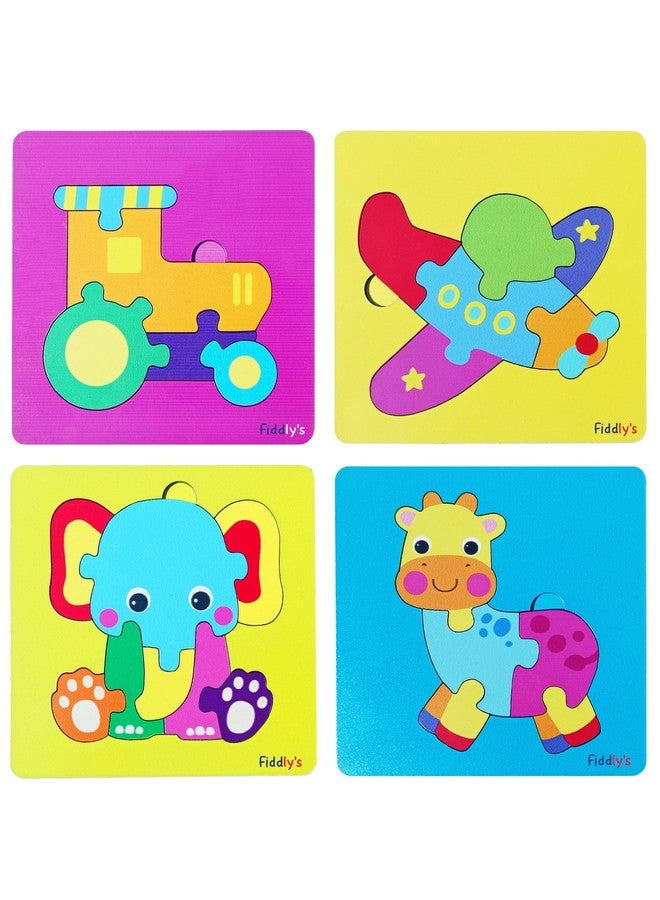 Fiddlys 3D Cute Cartoon Wooden Jigsaw Puzzles for Kids & Children (Pack of 4 Baby Animal + Vehicle) - Image 1