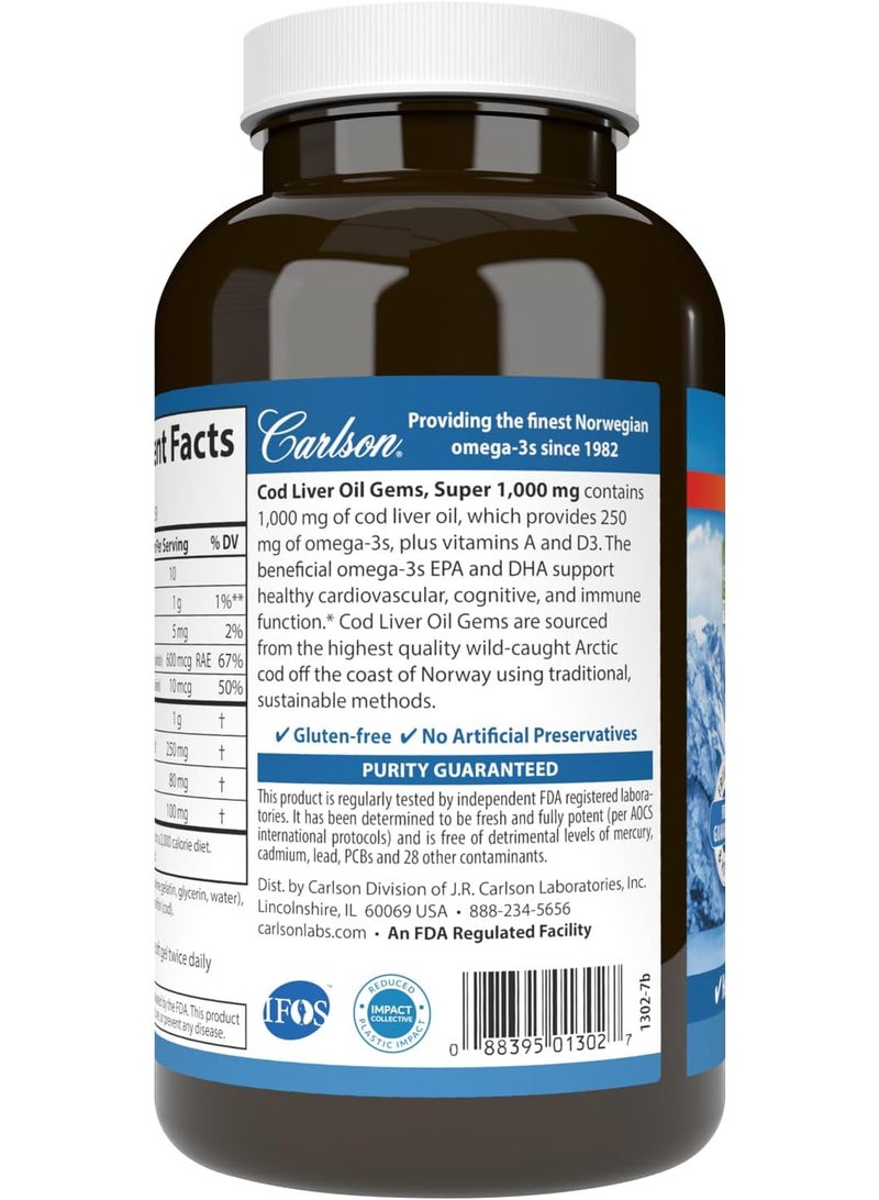 كارلسون كبسولات زيت كبد سمك القد، سوبر 1000 ملغ، 250 ملغ أوميغا 3، 400 وحدة دولية (10 ميكروغرام) فيتامين د3، زيت كبد سمك القد القطبي النرويجي البري، كبسولات، 250 كبسولة هلامية - Image 3