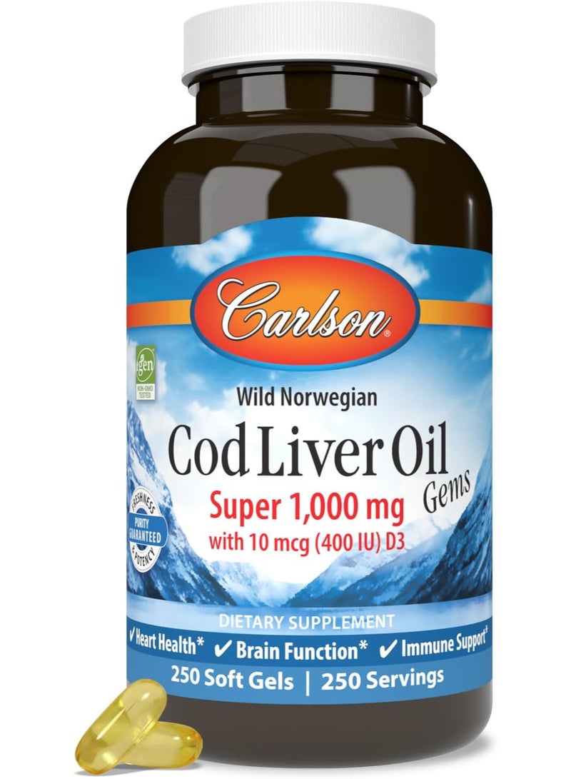 كارلسون كبسولات زيت كبد سمك القد، سوبر 1000 ملغ، 250 ملغ أوميغا 3، 400 وحدة دولية (10 ميكروغرام) فيتامين د3، زيت كبد سمك القد القطبي النرويجي البري، كبسولات، 250 كبسولة هلامية - Image 1