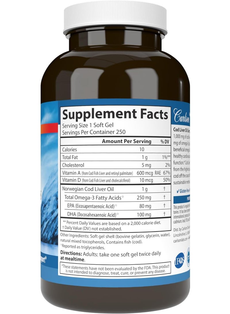 كارلسون كبسولات زيت كبد سمك القد، سوبر 1000 ملغ، 250 ملغ أوميغا 3، 400 وحدة دولية (10 ميكروغرام) فيتامين د3، زيت كبد سمك القد القطبي النرويجي البري، كبسولات، 250 كبسولة هلامية - Image 2
