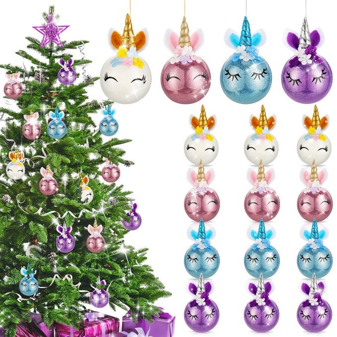 12 PCS CHRISTMAS UNICORN ORNAMENTS TREE HANGING DECORATIONS MULTICOLORED BALLS FOR BIRTHDAY XMAS HOLIDAY PARTY SUPPLIES