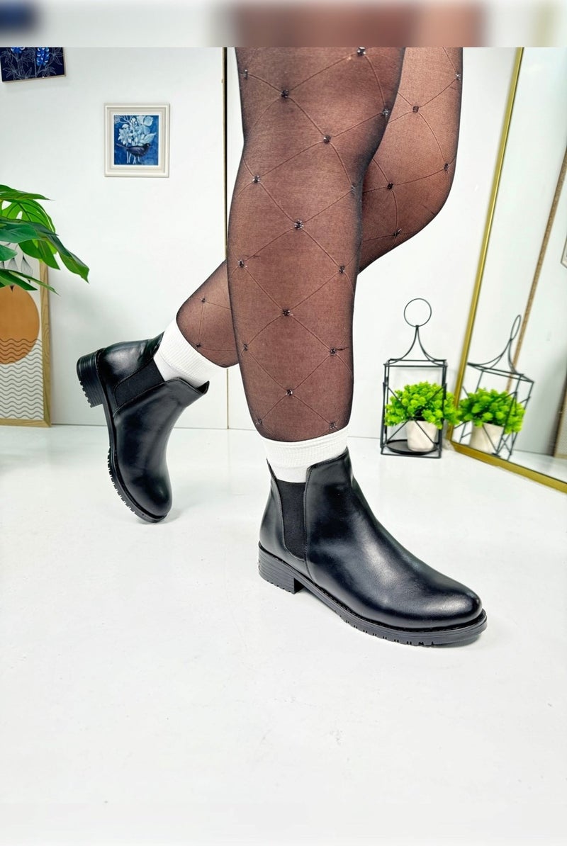 Nstil Casual Women's Black Boots Thick Oval Toe Elastic Low Heeled Scratch Sole Short Bootie 425  - Image 1