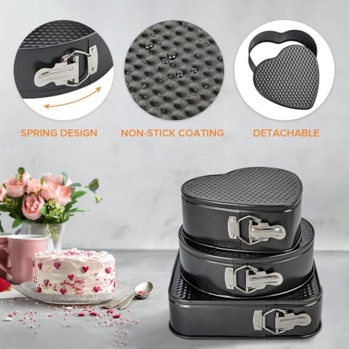 IKTU Springform Pan for Baking Set of 3 Non-Stick Cheesecake Mould, Leakproof Round Cake Mold Set Includes 3 Pieces Springform Pan - (3pcs-Round,Sqaure,Heart) - Image 4