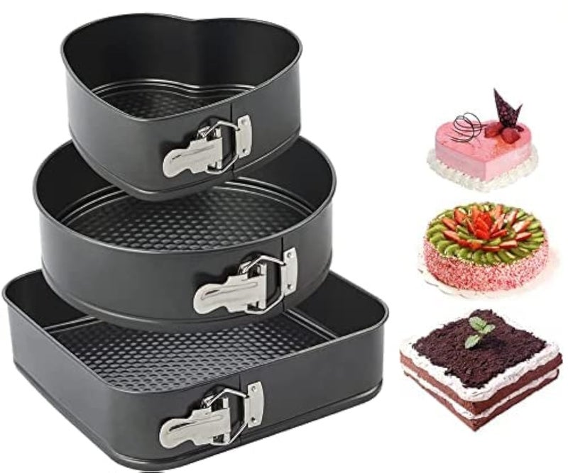 IKTU Springform Pan for Baking Set of 3 Non-Stick Cheesecake Mould, Leakproof Round Cake Mold Set Includes 3 Pieces Springform Pan - (3pcs-Round,Sqaure,Heart) - Image 1