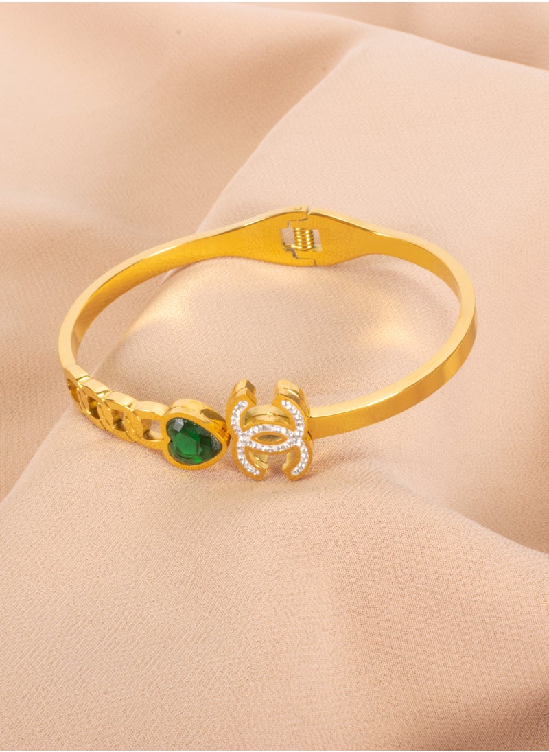 The Black Pearl Accessories Green Zirconic Heart Stainless Steel Golden Bangle Bracelet  - Image 1