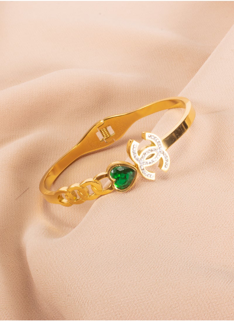 The Black Pearl Accessories Green Zirconic Heart Stainless Steel Golden Bangle Bracelet  - Image 2