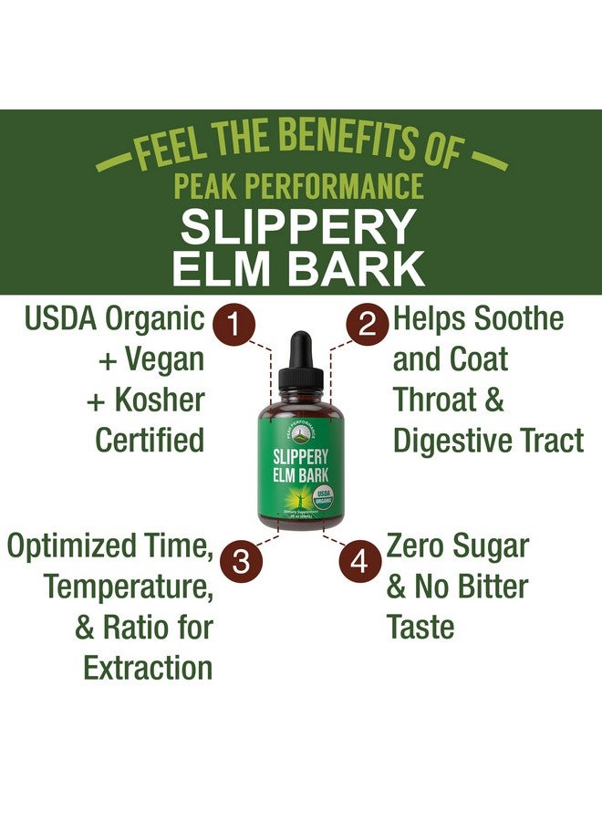 Peak Performance Slippery Elm Bark USDA Organic Vegan Liquid Drops. Extract with High Bioavailability For Women, Men, Kids. For Sore Throat, Irritated Stomach. Zero Sugar, Gluten Free, Tincture Supplement No Capsules - Image 1