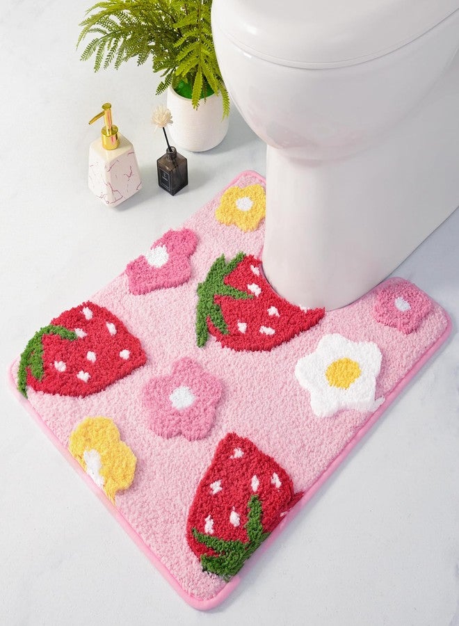 Anybar U-Shaped Toilet Rug 20x20'' - Super Soft Absorbent Bathroom Mat with Cute Strawberry & Flower Design, Non-Slip Quick-Dry Washable Contour Rug for Toilet, Bath Mats for Bathroom Decor（Pink） - Image 1