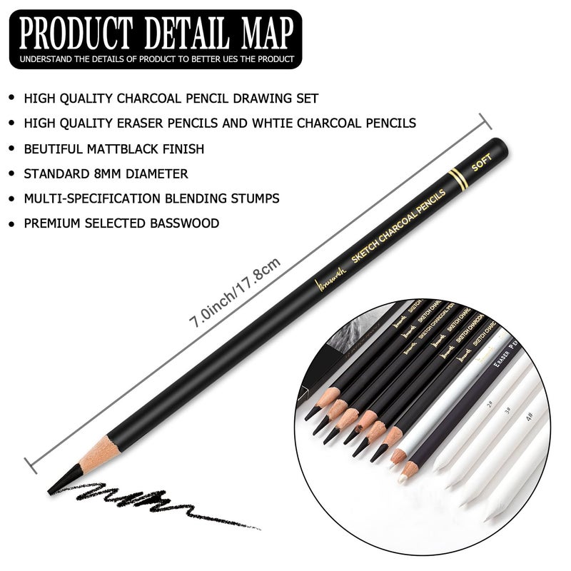 Brusarth Charcoal Drawing Set -12 pc Black charcoal pencils, White Charcoal Pencils, Eraser Pencils, Blending Stumps for Drawing, Sketching, Shading, Artist Pencils for Beginners & Artists - Image 4