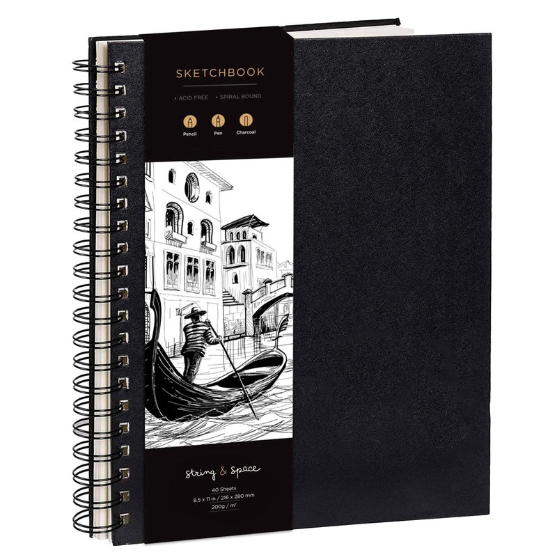 String & Space Artistâ€™s Sketchbook Hardcover â€“ 200GSM Very Thick Paper â€“ Large, Spiral Sketch Book for Drawing and Mixed Media â€“ Sketch Pad, Art Book - 8.25 x 11.4, 40 Sheets / 80 Pages - Image 1