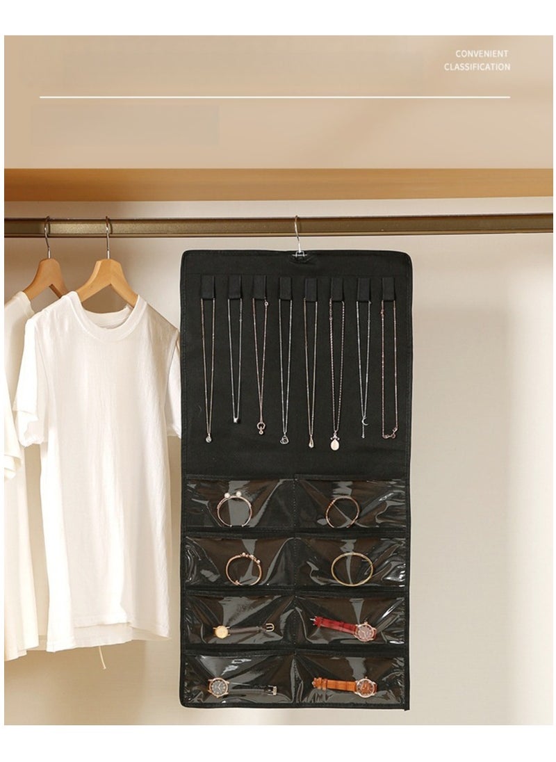 multi-functional Black Hanging Jewelry Storage Roll with Metal Hooks Double-Sided Holder for Necklaces Earrings Rings sunglasses watches Hang on Closet Wall Door 1 Piece