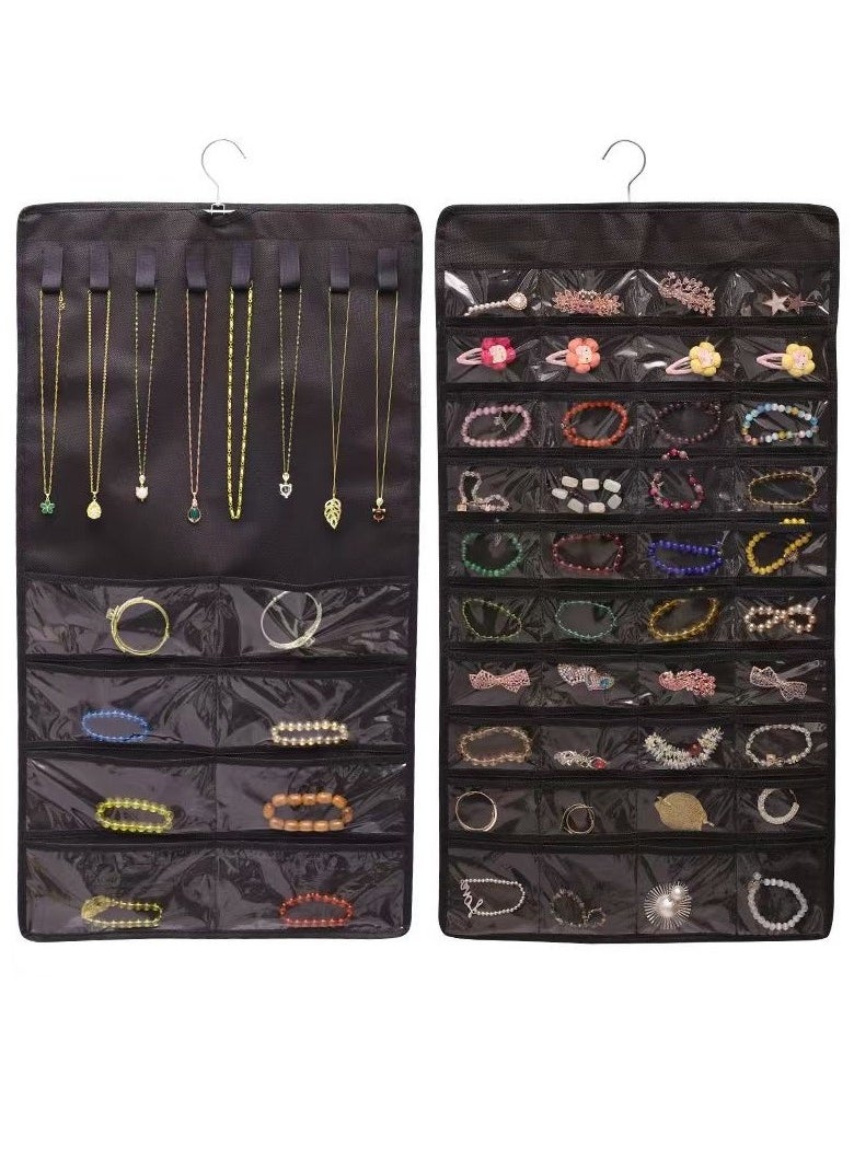 multi-functional Black Hanging Jewelry Storage Roll with Metal Hooks Double-Sided Holder for Necklaces Earrings Rings sunglasses watches Hang on Closet Wall Door 1 Piece