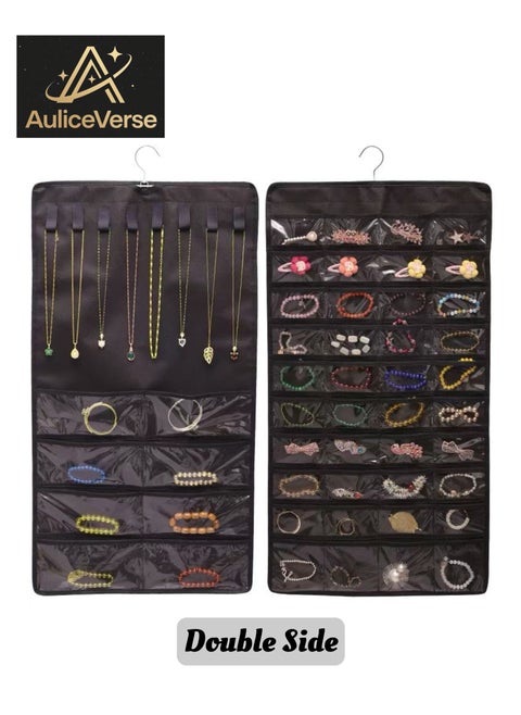 multi-functional Black Hanging Jewelry Storage Roll with Metal Hooks Double-Sided Holder for Necklaces Earrings Rings sunglasses watches Hang on Closet Wall Door 1 Piece