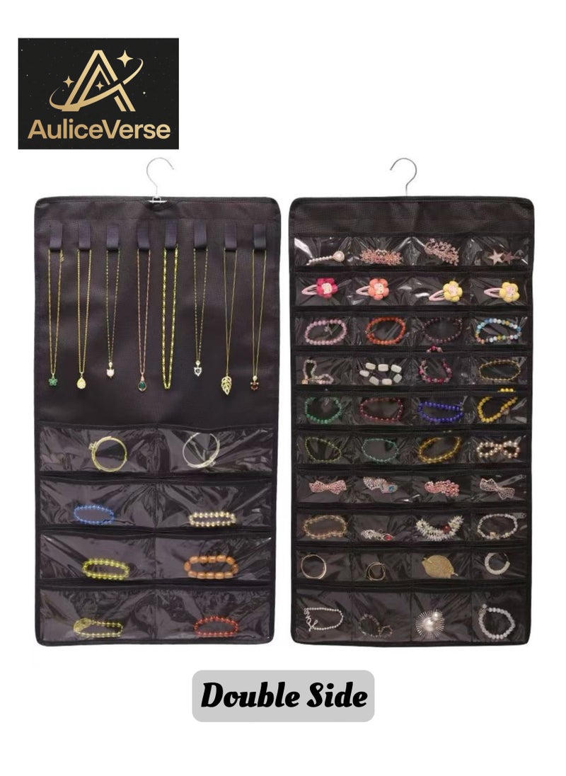 multi-functional Black Hanging Jewelry Storage Roll with Metal Hooks Double-Sided Holder for Necklaces Earrings Rings sunglasses watches Hang on Closet Wall Door 1 Piece