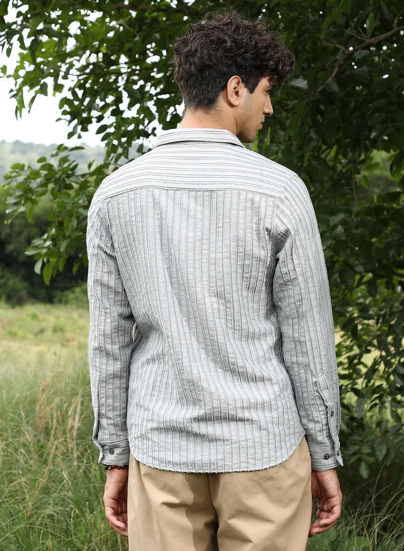 Campus Sutra  Men's Cloud Grey Edgy-Stripe Jacquard Shirt for Men | Best Price UAE
