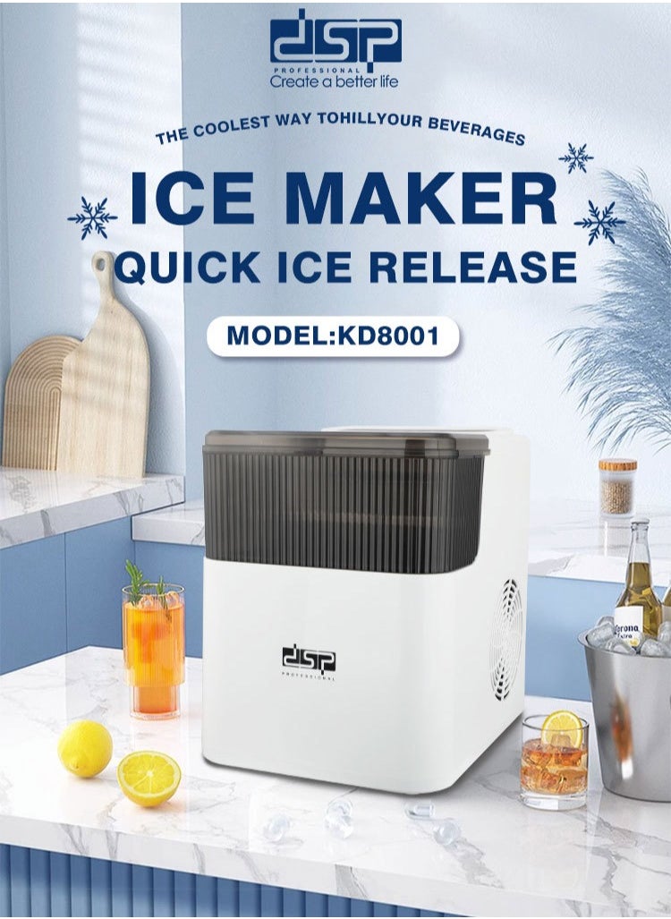 DSP Ice Maker,9 Cubes Ready in 6 Mins,1.4L/165W 12kg in 24Hrs, Ice Machine with Ice Scoop and Basket,  2 Sizes of Bullet Ice for Home Kitchen Office,KD8001,White  - Image 2