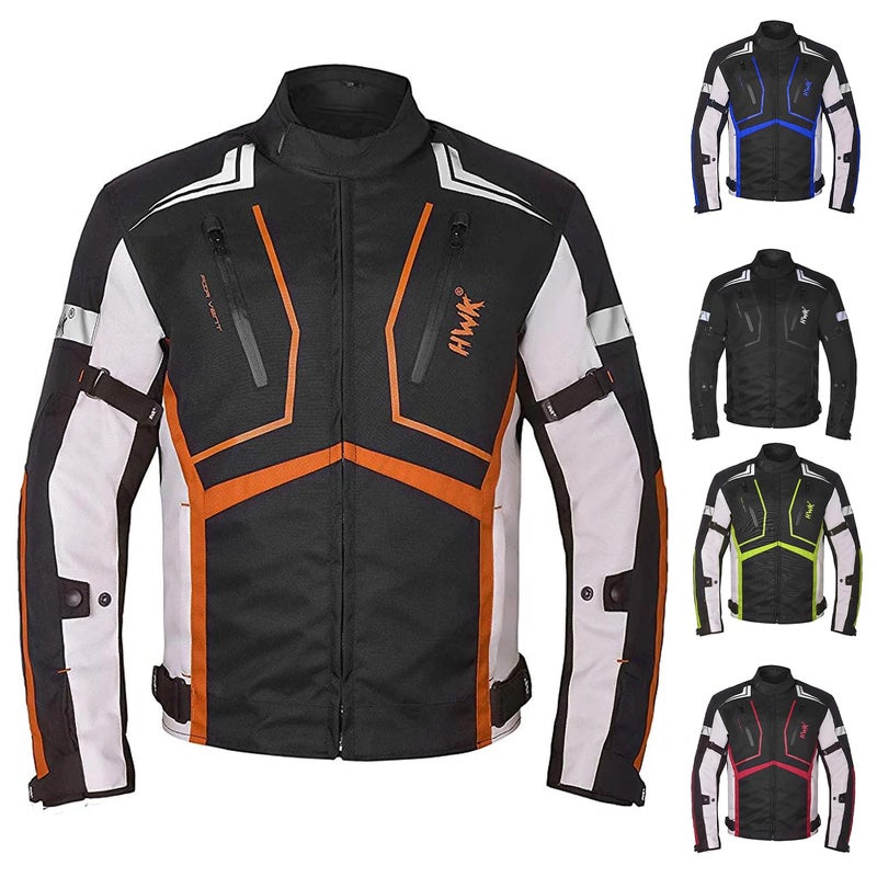 HWK Scorpion Motorcycle Jacket for Men  Women Motorcycle Gear with Body Armor Foam Padding and Breathable Cordura Fabric Reflective Motor Bike Jacket for Improved Night Visibility  Orange Small