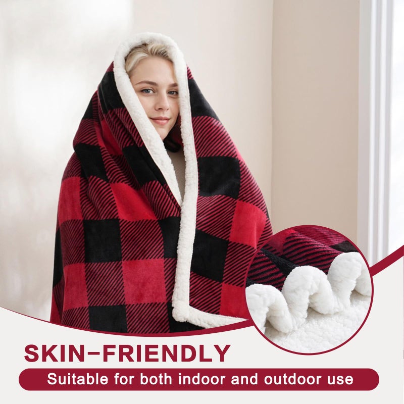 Pu Mei Sherpa Fleece Throw Blanket 60"" X 80"" Reversible Plush Fluffy Large Big Blanket Lattice Flannel Blankets For All Season Use  Red And Black - Image 3