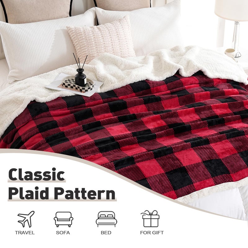 Pu Mei Sherpa Fleece Throw Blanket 60"" X 80"" Reversible Plush Fluffy Large Big Blanket Lattice Flannel Blankets For All Season Use  Red And Black - Image 4