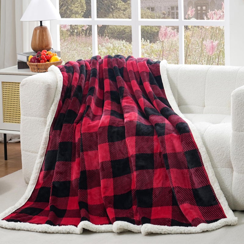 Pu Mei Sherpa Fleece Throw Blanket 60"" X 80"" Reversible Plush Fluffy Large Big Blanket Lattice Flannel Blankets For All Season Use  Red And Black - Image 1