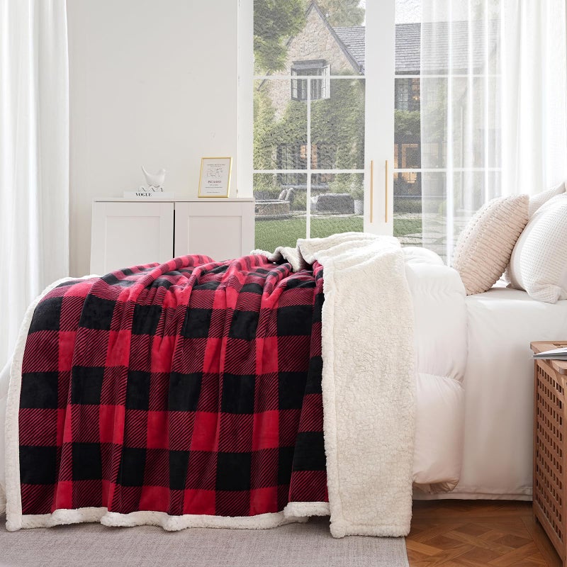Pu Mei Sherpa Fleece Throw Blanket 60"" X 80"" Reversible Plush Fluffy Large Big Blanket Lattice Flannel Blankets For All Season Use  Red And Black - Image 2