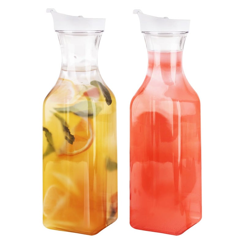 GUSTO 50 oz  2 Pack Plastic Carafe with Lid Large Capacity Square Base  Clear Pitcher with Flip Top Lid EasyPour Spout Juice Containers with Lids Hand Wash Only  Perfect for Mimosa Bar