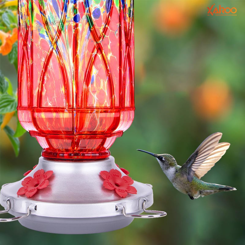 XAROO Hummingbird Feeders for Outdoors with Ant Moat, Hand Blown Glass Hummingbird Feeder, 4 Feeding Ports with Perch, Outdoor Garden DÃ©cor, 15 OZ, Red, Gifts for Mom Wife Dad Men Women - Image 3