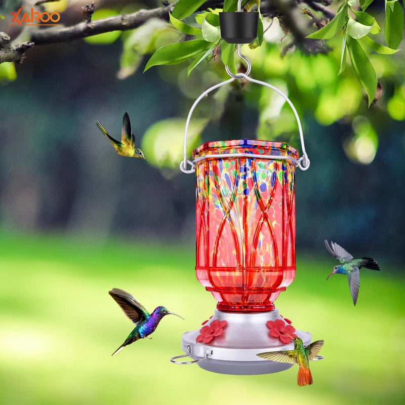 XAROO Hummingbird Feeders for Outdoors with Ant Moat, Hand Blown Glass Hummingbird Feeder, 4 Feeding Ports with Perch, Outdoor Garden DÃ©cor, 15 OZ, Red, Gifts for Mom Wife Dad Men Women - Image 2