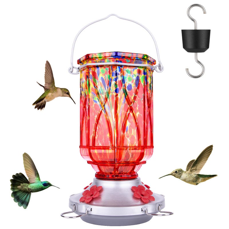 XAROO Hummingbird Feeders for Outdoors with Ant Moat, Hand Blown Glass Hummingbird Feeder, 4 Feeding Ports with Perch, Outdoor Garden DÃ©cor, 15 OZ, Red, Gifts for Mom Wife Dad Men Women - Image 1