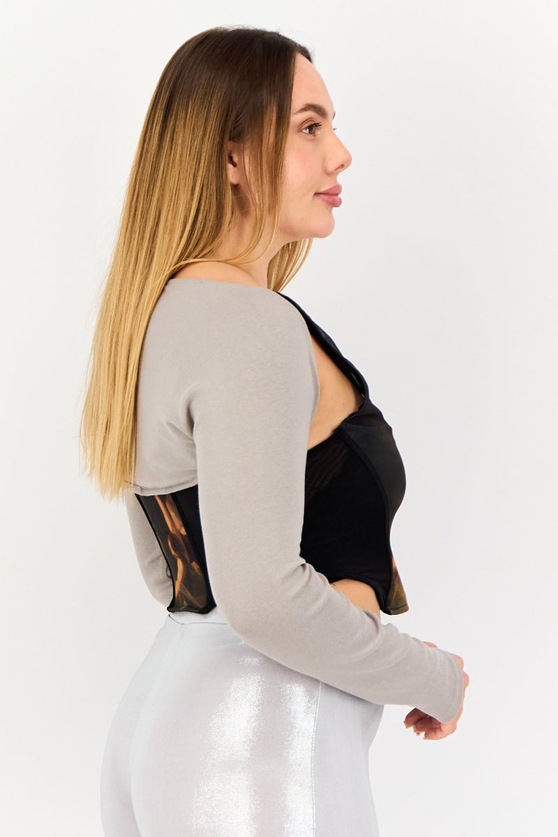 Bershka كارديغان قصير بأكمام طويلة للنساء، رمادي - Image 2
