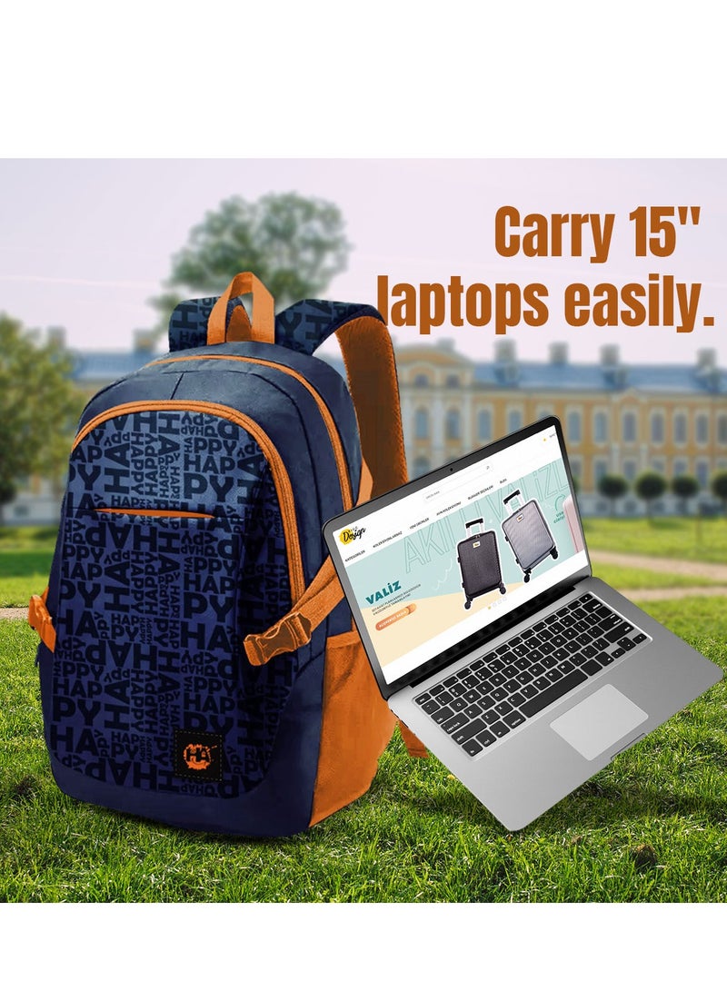 بيج ديزاين حقيبة ظهر للابتوب Biggdesign Moods Up للرجال والنساء، حقيبة عمل مقاومة للماء مع حجرة للابتوب، حقيبة سفر مع منفذ شحن USB، للابتوب والدفتر مقاس 15 إنش، مضادة للسرقة، لون كحلي. - Image 4