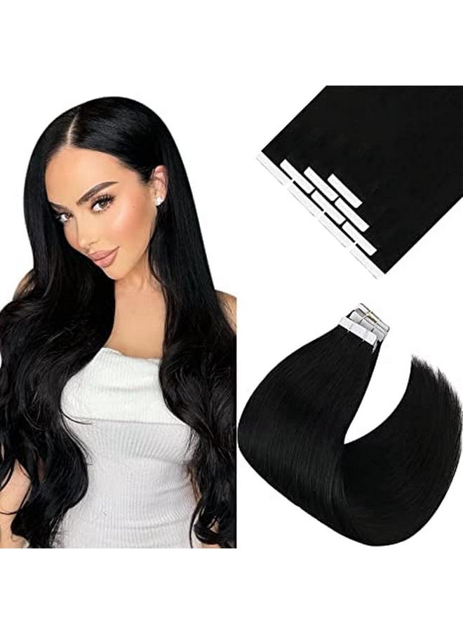 Ve Sunny E Sunny Human Hair Tape On Extensions Black Tape In Hair Extensions Real Human Hair 1 Color Jet Black Seamless Tape In Natural Hair Extensions Black 10Pcs 25G 18Inch  - Image 1