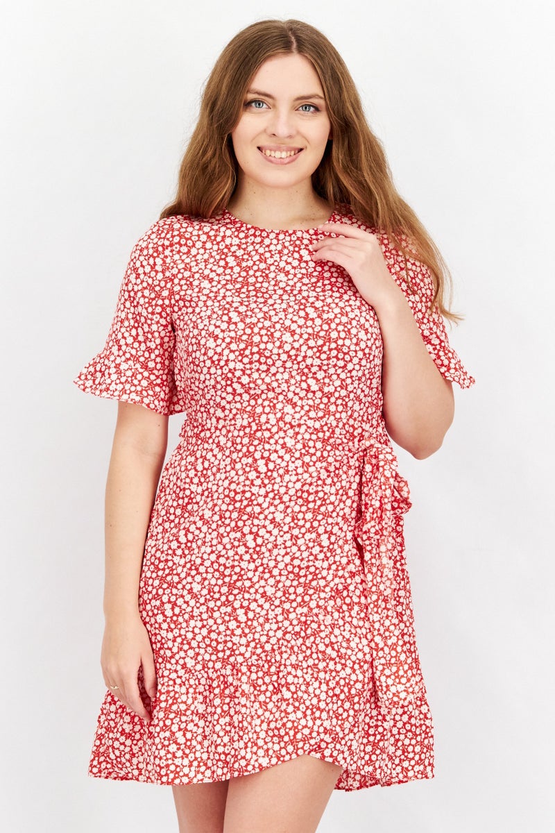 VERO MODA فستان ملفوف مزخرف بالورود للنساء، أحمر - Image 1