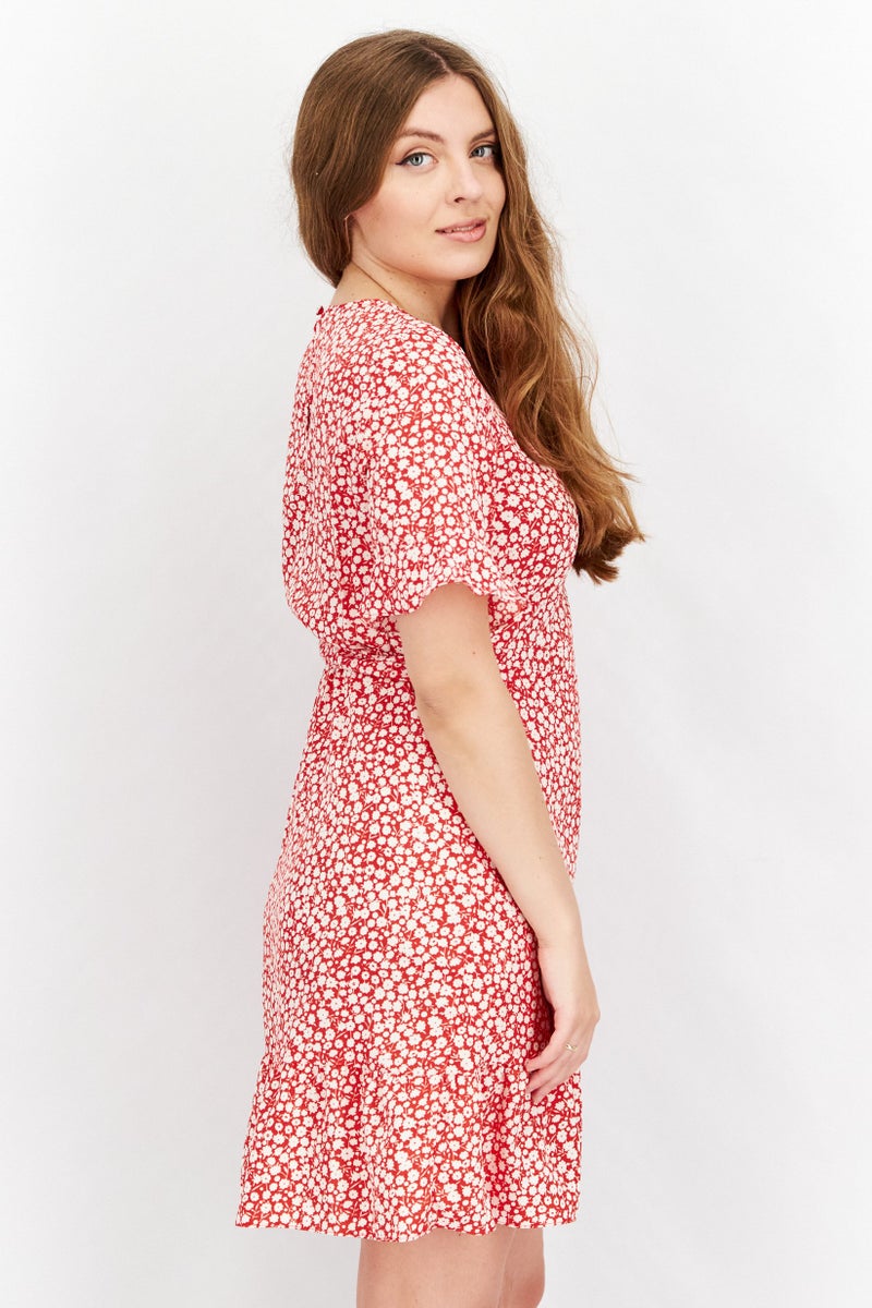 VERO MODA فستان ملفوف مزخرف بالورود للنساء، أحمر - Image 4