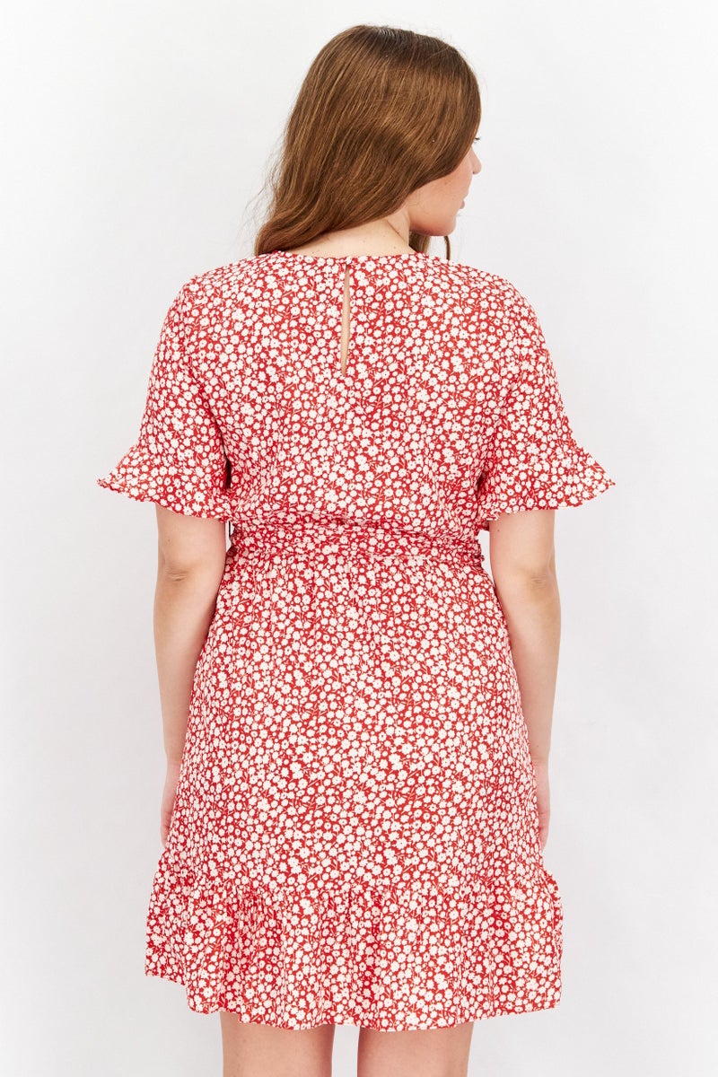 VERO MODA فستان ملفوف مزخرف بالورود للنساء، أحمر - Image 2