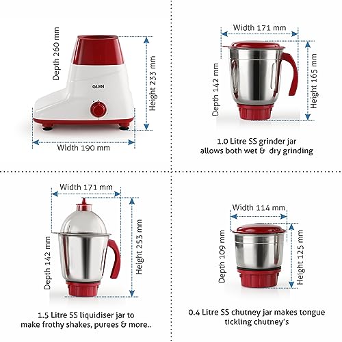 Glen Mixer Grinder 500W with 3 Stainless Steel Liquidiser, Grinder and Chutney Jars - Red (4025LX) 2 Years Warranty - Image 3