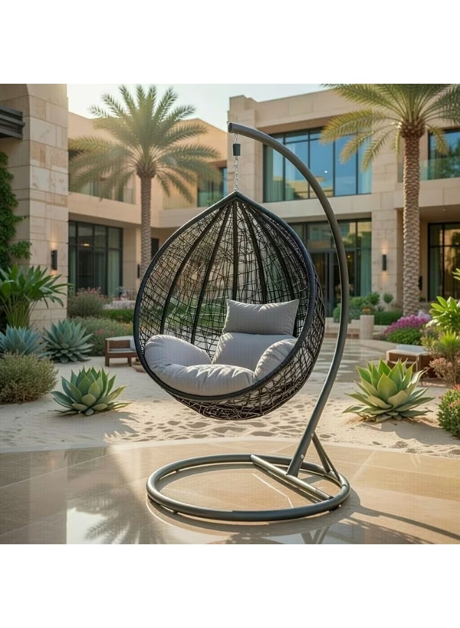 Single Person Wicker Hanging Basket Chair with Stand, Indoor Outdoor Swing for Patio & Bedroom, Black - Image 4