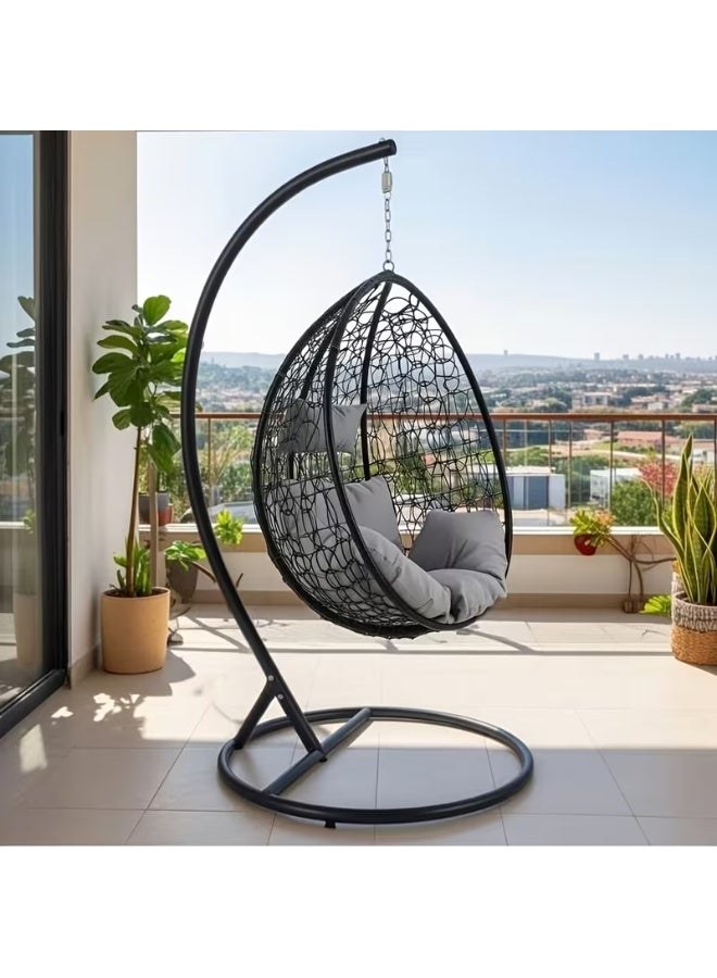 Single Person Wicker Hanging Basket Chair with Stand, Indoor Outdoor Swing for Patio & Bedroom, Black - Image 3