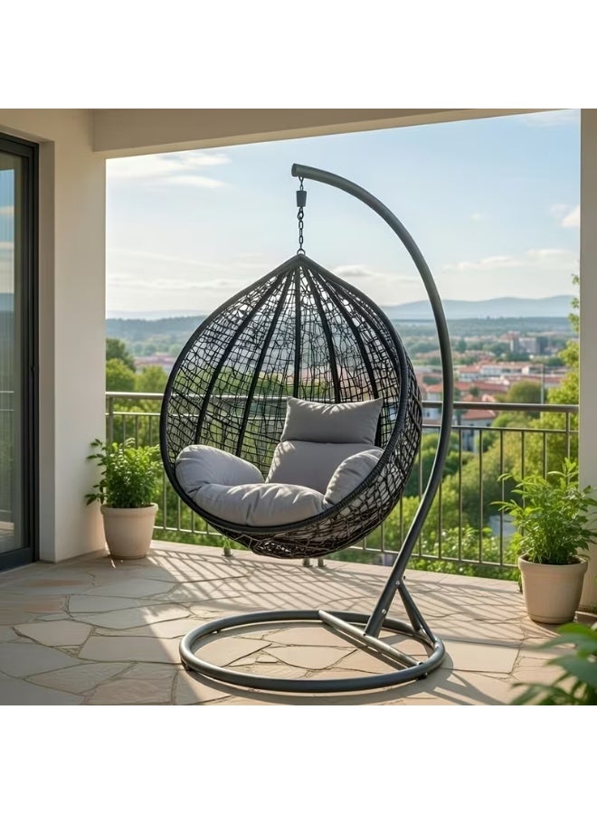 Single Person Wicker Hanging Basket Chair with Stand, Indoor Outdoor Swing for Patio & Bedroom, Black - Image 5