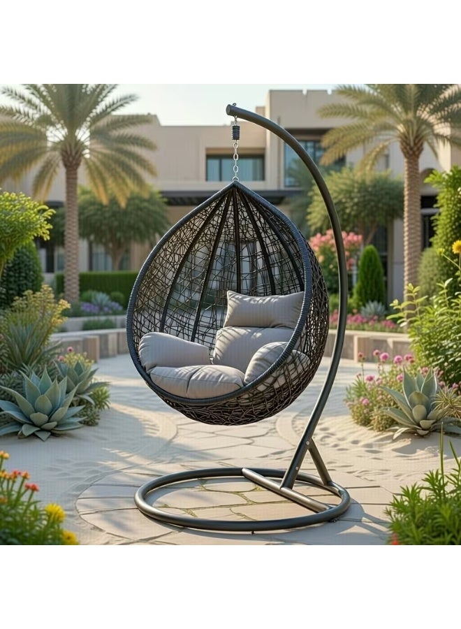 Single Person Wicker Hanging Basket Chair with Stand, Indoor Outdoor Swing for Patio & Bedroom, Black - Image 2